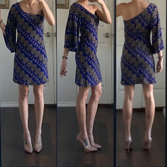 Anthropologie Dresses & Skirts - Blue black tan one shoulder stretchy bodycon dress